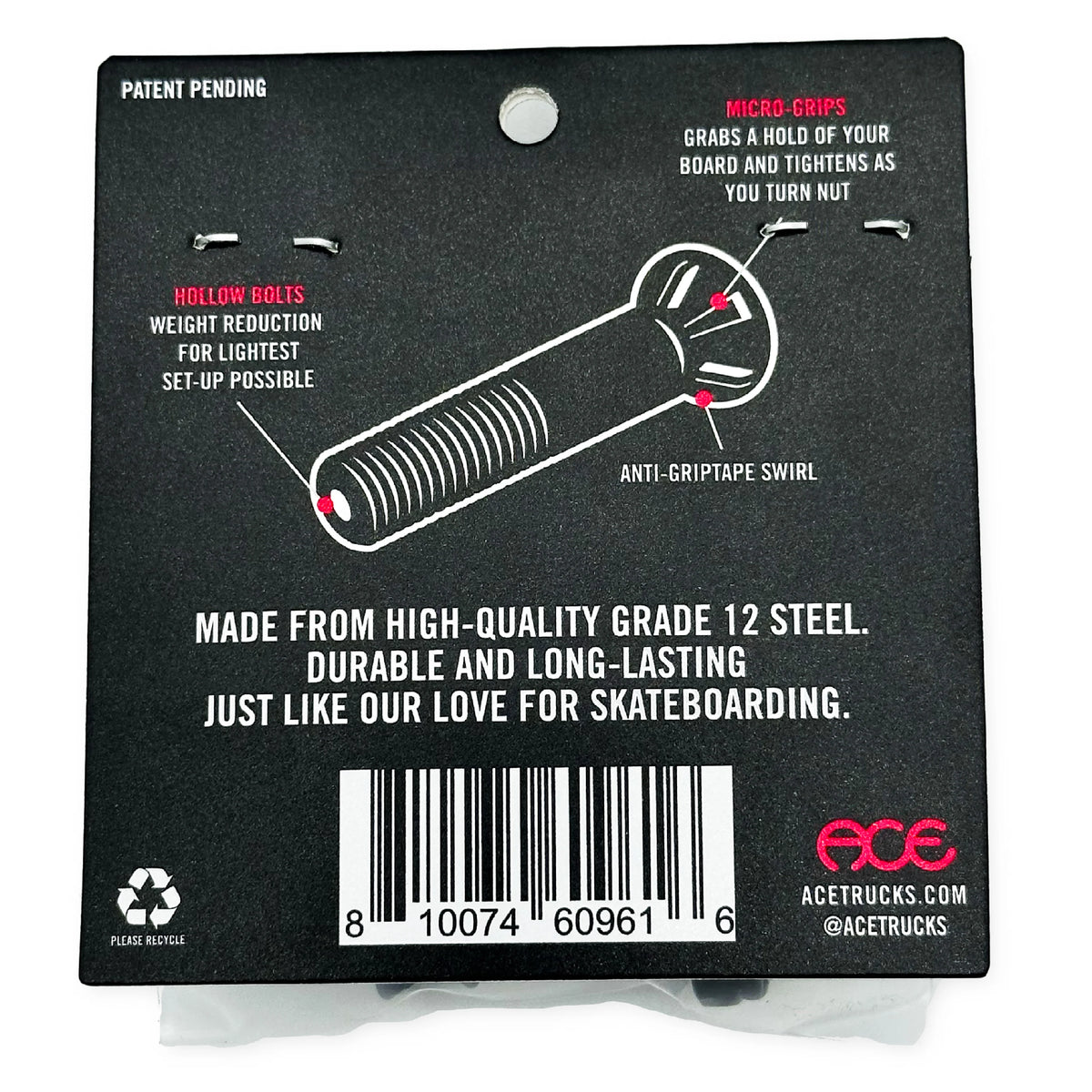 Ace 1" AF1 Hollow Bolts w/ Grippers Allen Skateboard Hardware