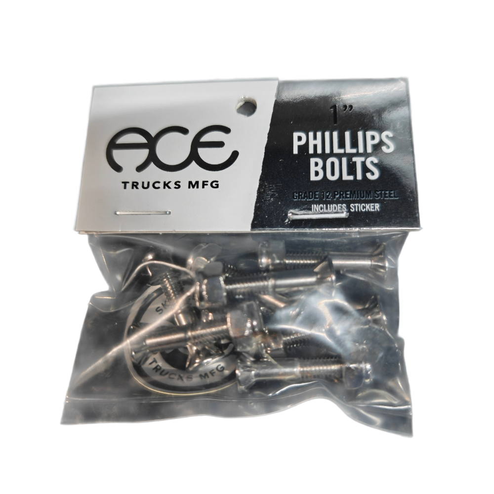 Ace 1" Silver Bolts w/ Grippers Phillips Skateboard Hardware