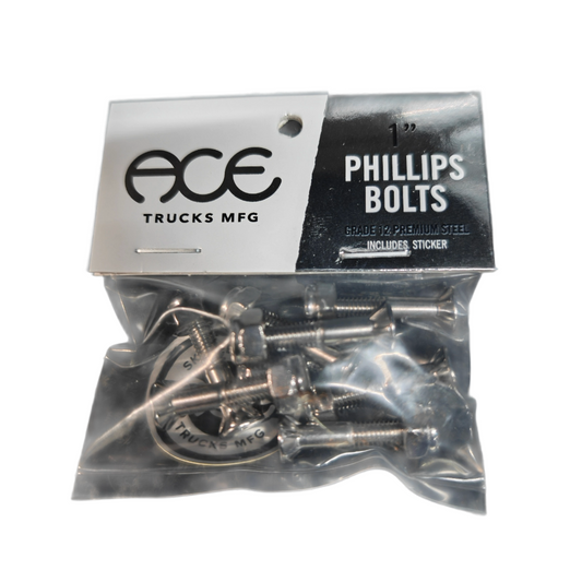 Ace 1" Silver Bolts w/ Grippers Phillips Skateboard Hardware