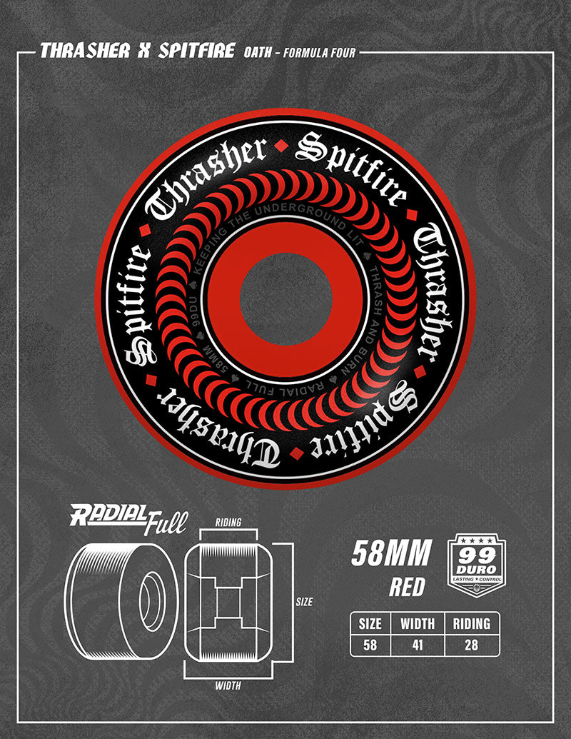 Spitfire x Thrasher Oath Formula Four Radial Full 99a Skateboard Wheel (Red)